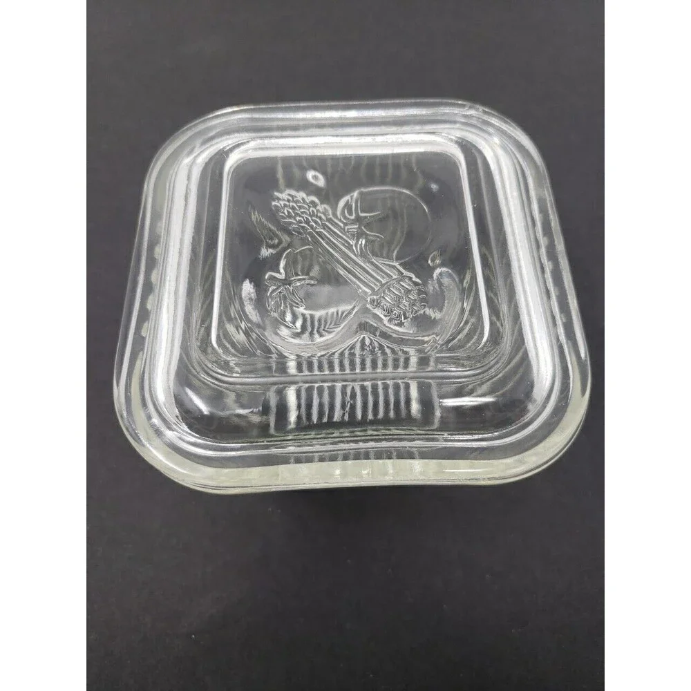 Vintage Federal Glass Refrigerator Bowl Dish Square Embossed Lid 2 small chips